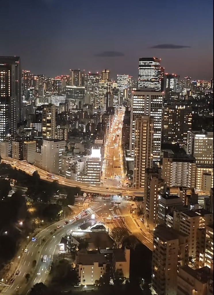 東京タワーの展望台から見下ろす、ヒトデのように輝く幹線道路の夜景
