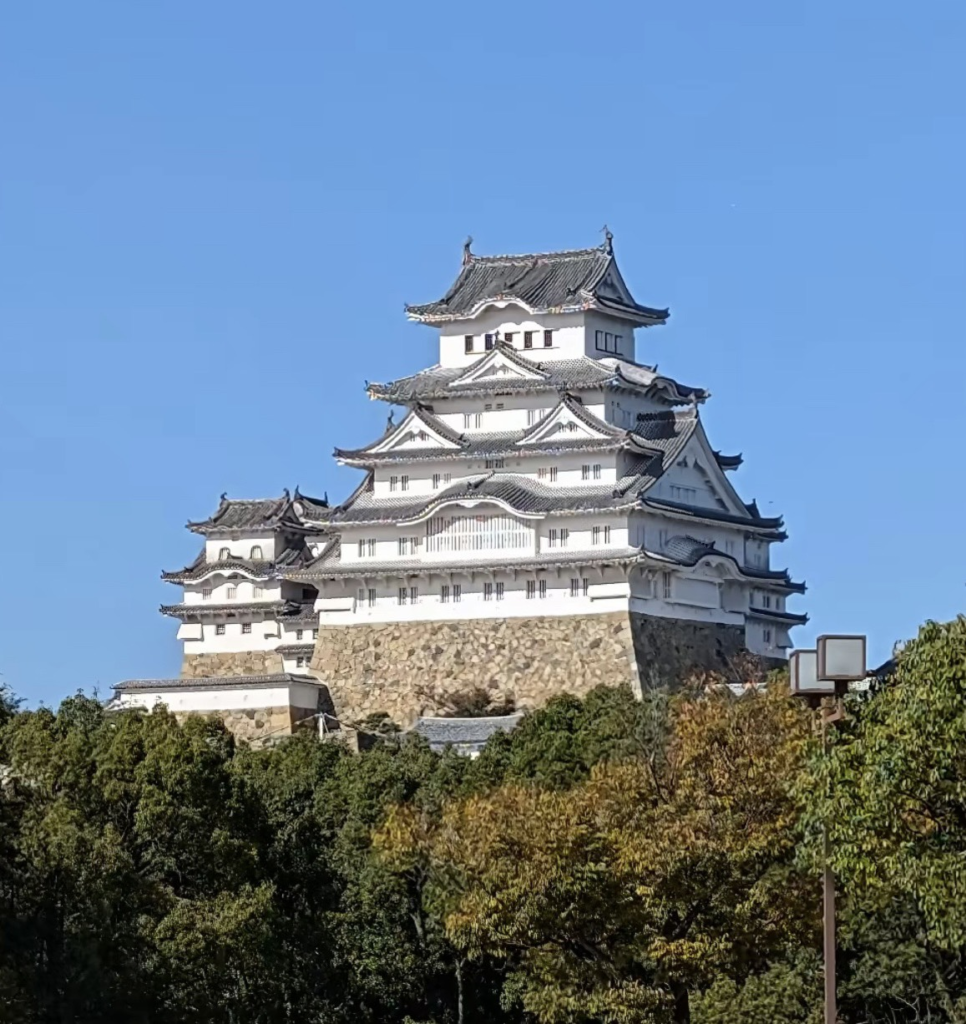 木々の緑の中からそびえ立つ、白亜の姫路城の姿